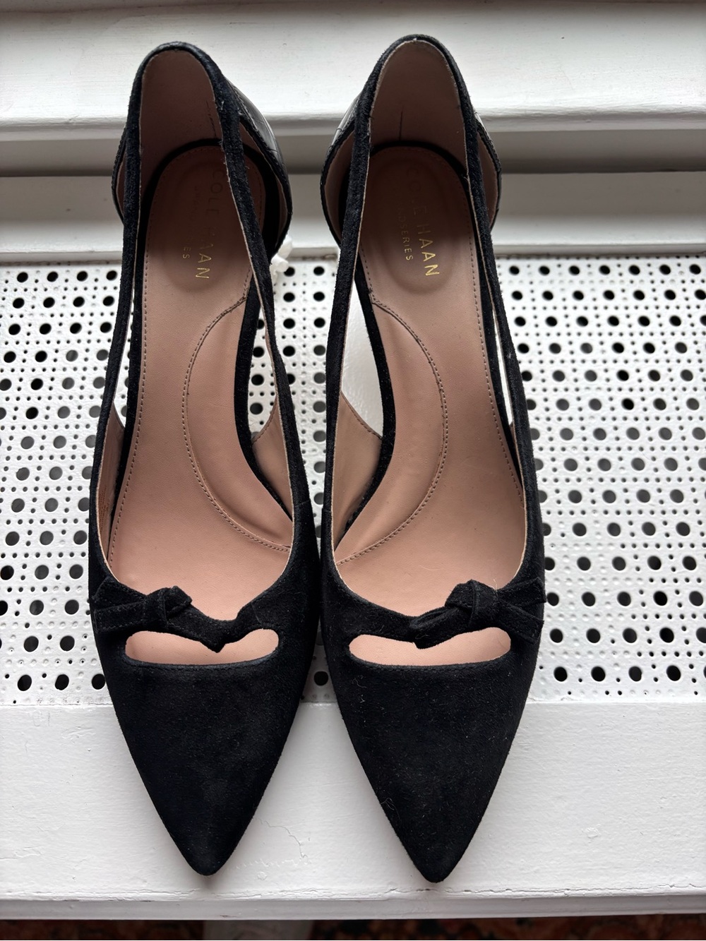 Cole Haan Black Suede Pointed Toe Slingback Heels with Knot Detail